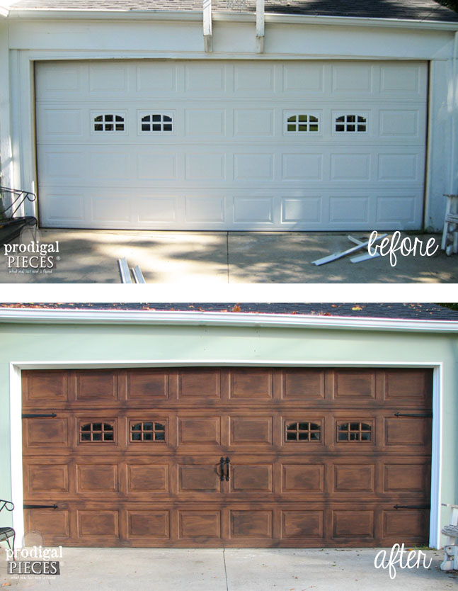 Before and After of Faux Wood Garage Door with Tutorial by Prodigal Pieces | prodigalpieces.com