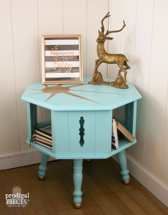 Adding a color and a gilded sunburst design to this worn out Mid-Century Modern table gives it new life by Prodigal Pieces www.prodigalpieces.com #prodigalpieces