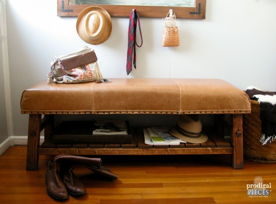 Why pay big bucks for Pottery Barn when you can DIY? For less than half the retail cost, we built a knock-off of the PB Caden leather bench. Come see how we did it! by Prodigal Pieces www.prodigalpieces.com #prodigalpieces