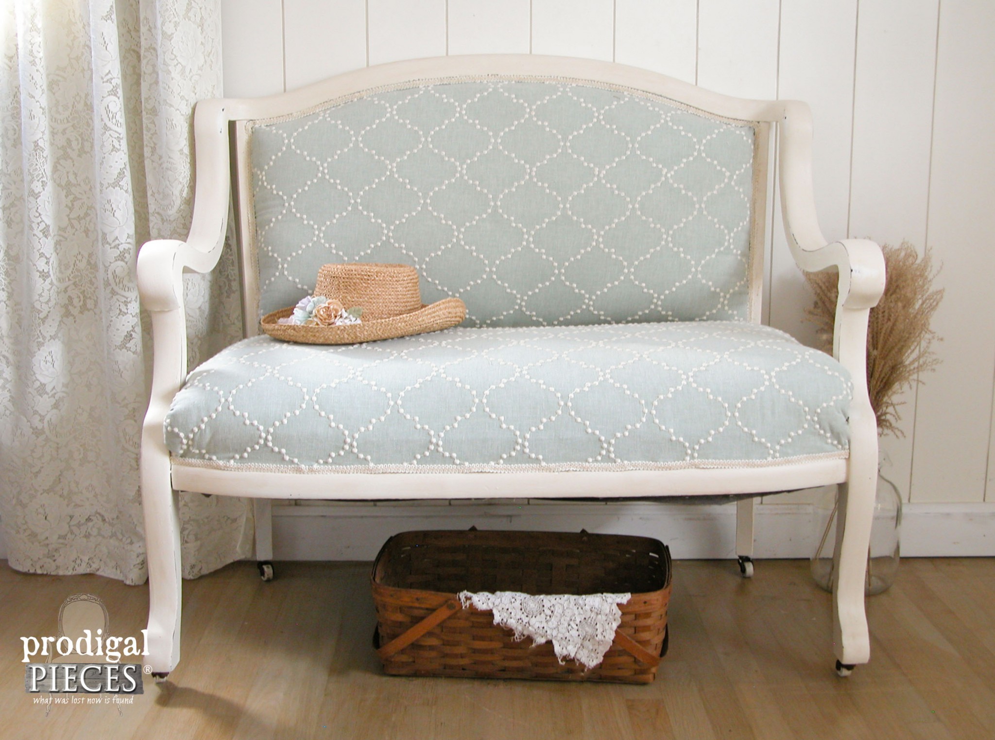 An antique settee left for the trash with a broken arm and in need of repair is a junkers "Trashure" (one man's junk is another woman's treasure). With some TLC it is made new by Prodigal Pieces www.prodigalpieces.com #prodigalpieces