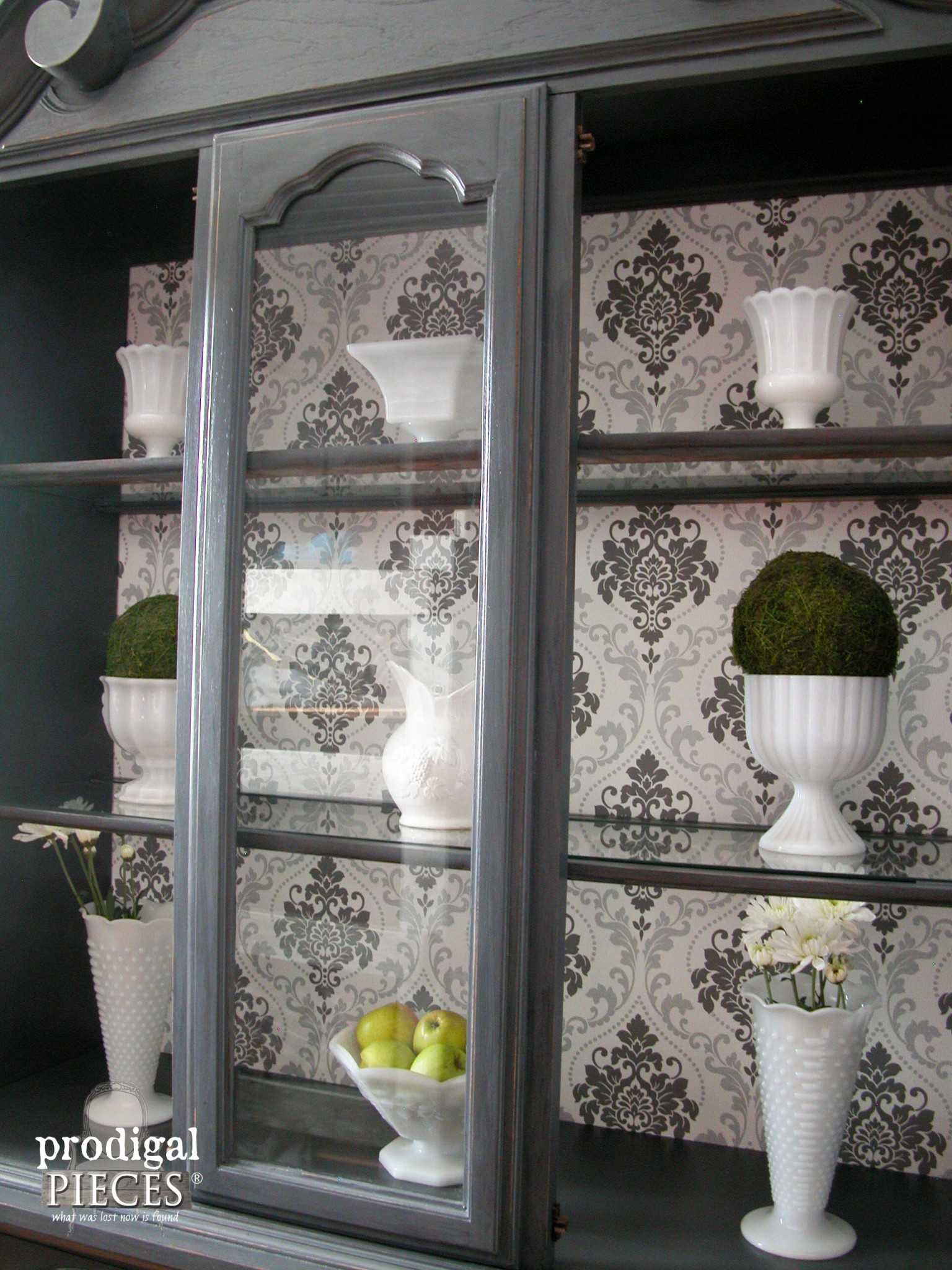 Interior View of Wallpapered China Cabinet by Prodigal Pieces | www.prodigalpieces.com