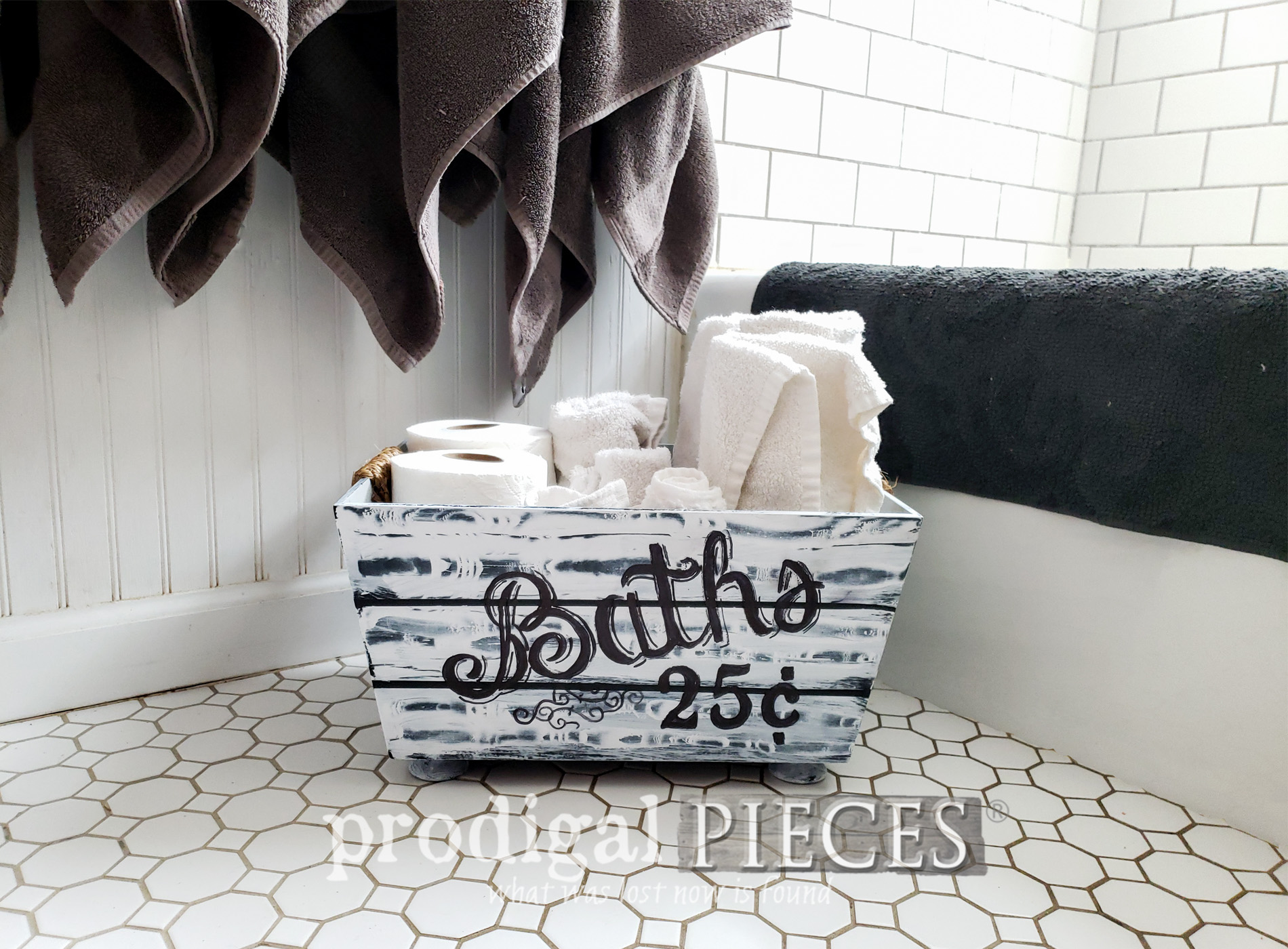 Featured Farmhouse Bathroom Storage from Thrift Store Bin by Larissa of Prodigal Pieces | prodigalpieces.com #prodigalpieces #farmhouse #home #shopping #storage #tutorial #homedecor #homedecorideas #handmade