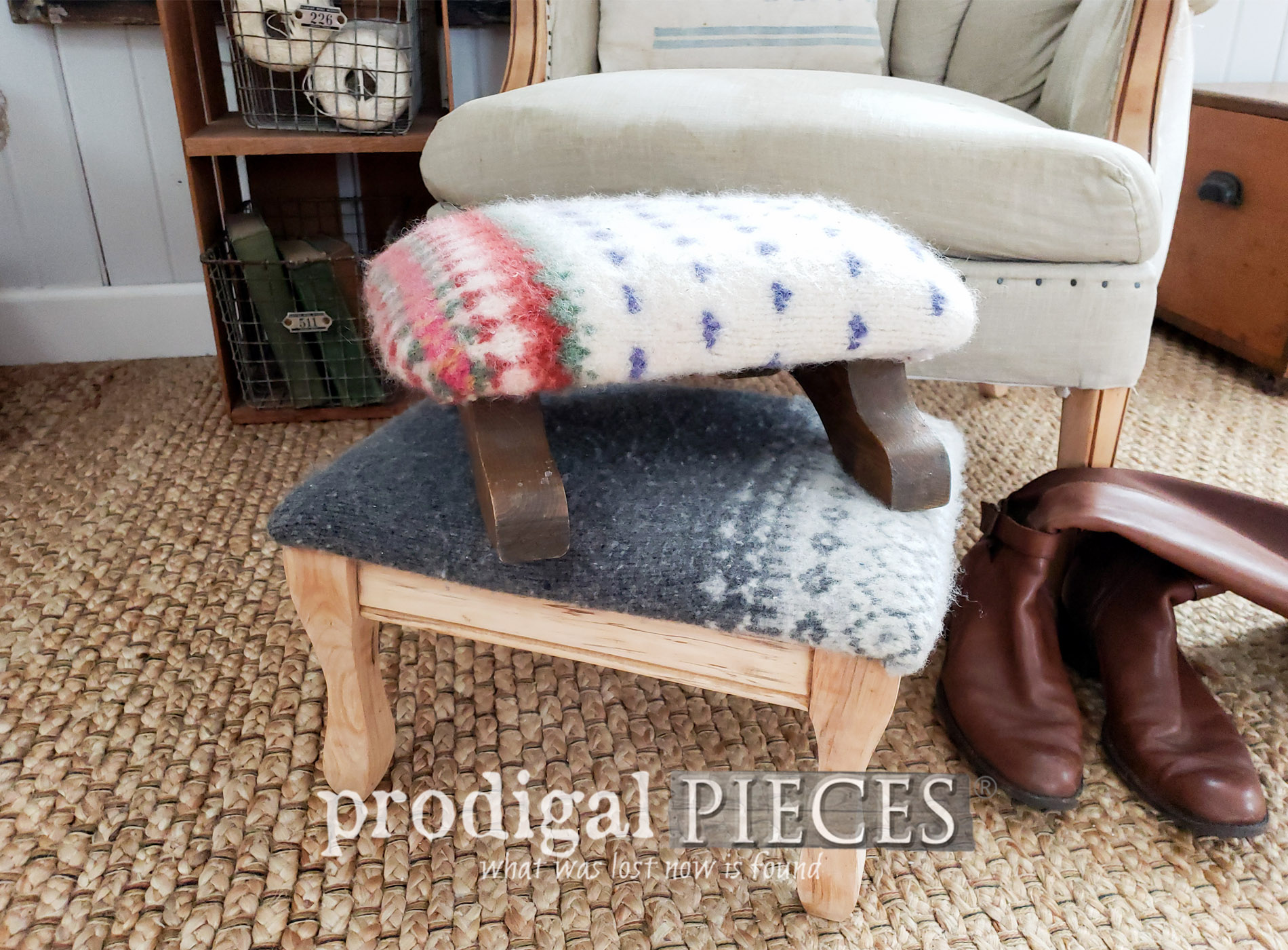 Featured Felted Wool Footstools Upholstered with Thrifted Sweaters | DIY video tutorial by Larissa of Prodigal Pieces | prodigalpieces.com #prodigalpieces #handmade #vintage #farmhouse #furniture #home #homedecor #homedecorideas