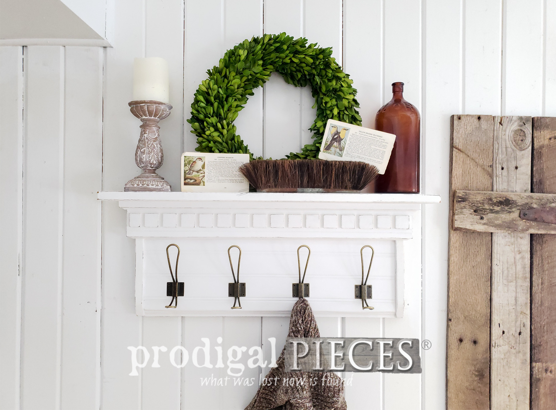 Featured Upcycled Farmhouse Coat Rack from Thrift Store Shelf | Video tutorial & giveaway by Larissa of Prodigal Pieces | prodigalpieces.com #prodigalpieces #diy #handmade #farmhouse #tutorial #videos #giveaway #home #homedecor #homedecorideas
