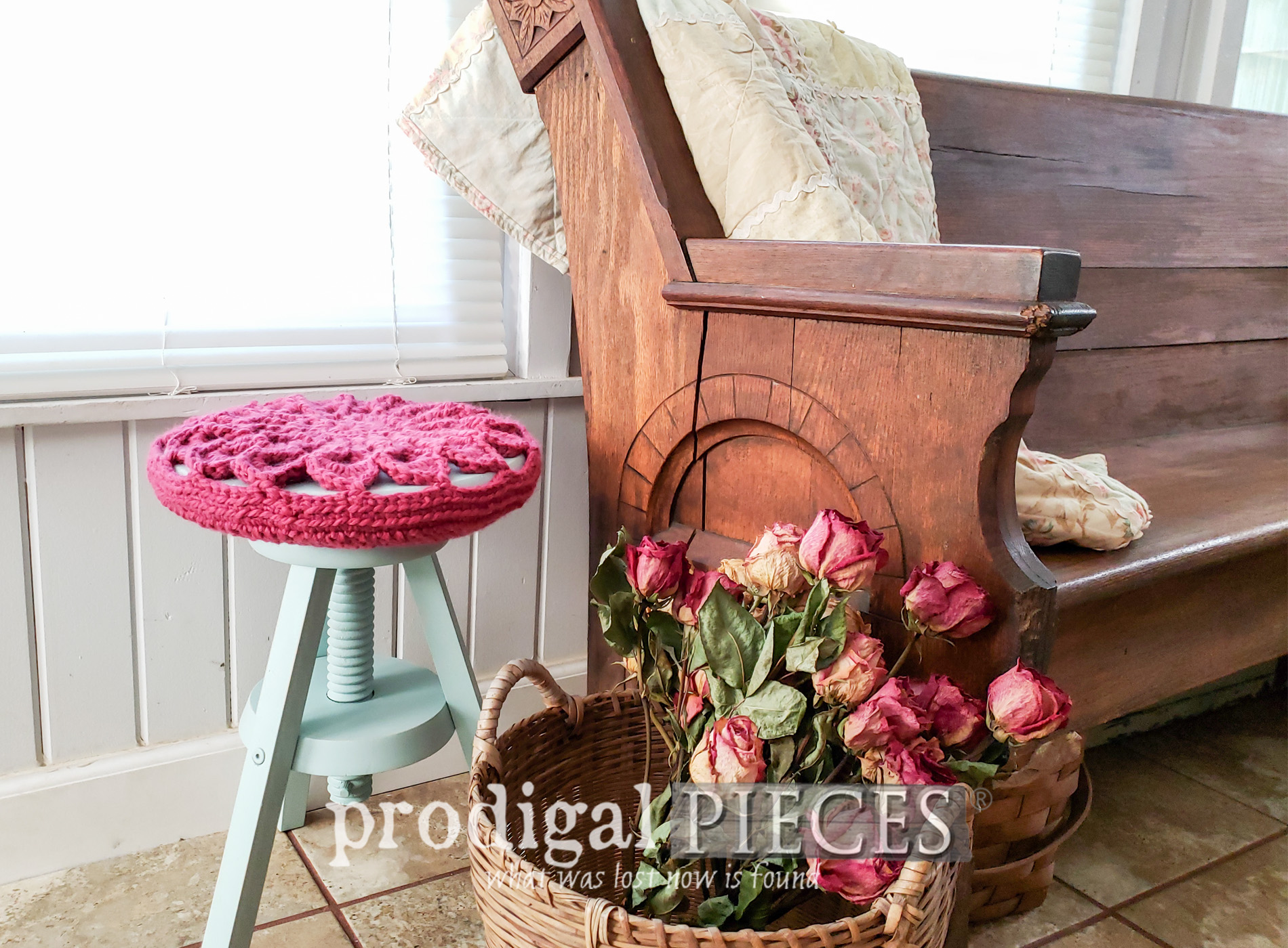 Featured Cottage Style Stool with Crochet Seat Cover by Larissa of Prodigal Pieces | prodigalpieces.com #prodigalpieces #diy #furniture #home #cottagestyle #homedecor #crochet