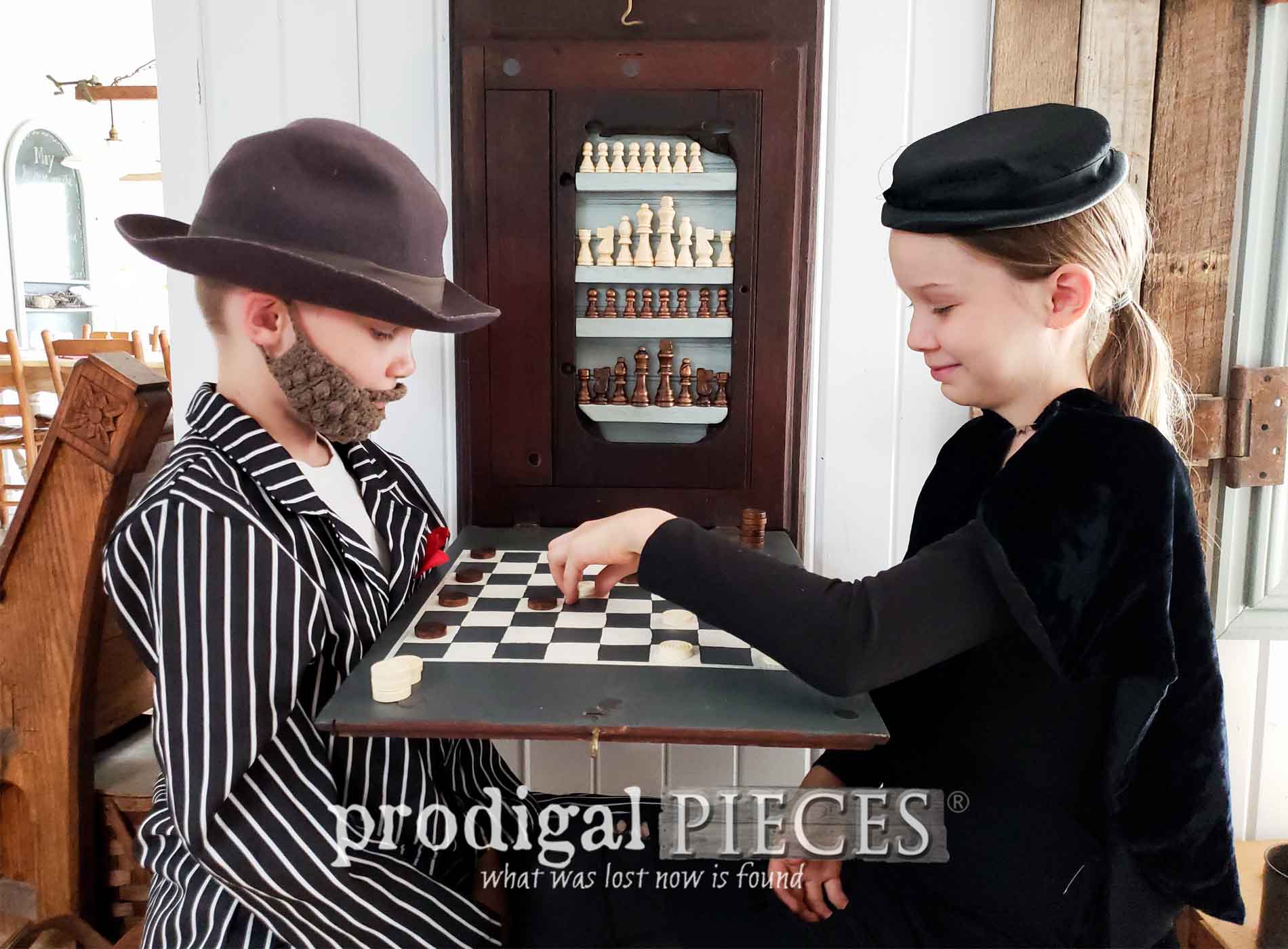 Featured Upcycled Antique Sewing Machine Top into Chess & Checkerboard by Larissa of Prodigal Pieces | prodigalpieces.com #prodigalpieces #diy #farmhouse #toys #games #home #homedecor