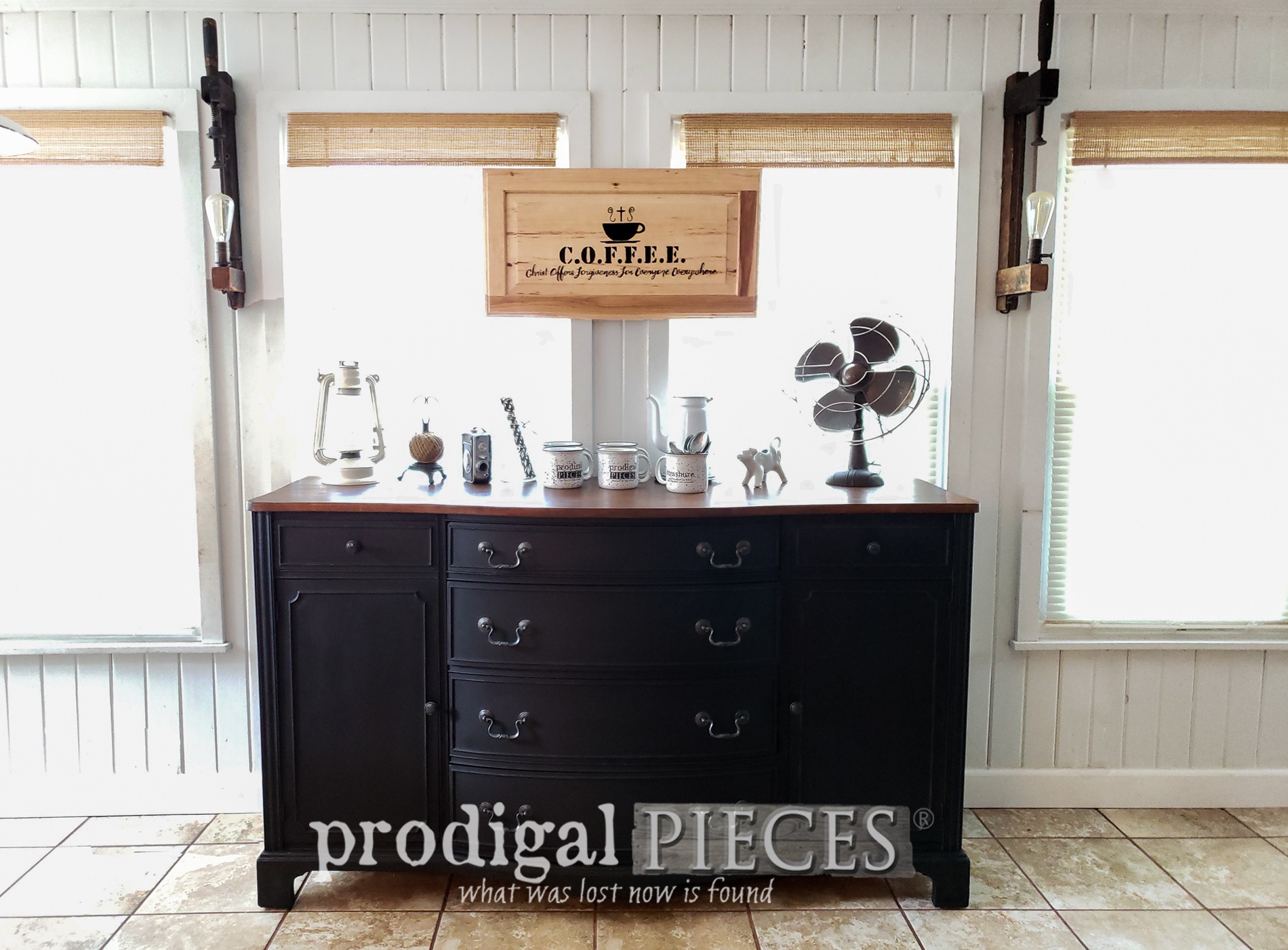 This Vintage Buffet Makeover is one to see! A DIY coffee bar for a ministry that is making a difference. Head to Prodigal Pieces | prodigalpieces.com #prodigalpieces #farmhouse #industrial #steampunk #furniture #vintage #home #homedecor #diy