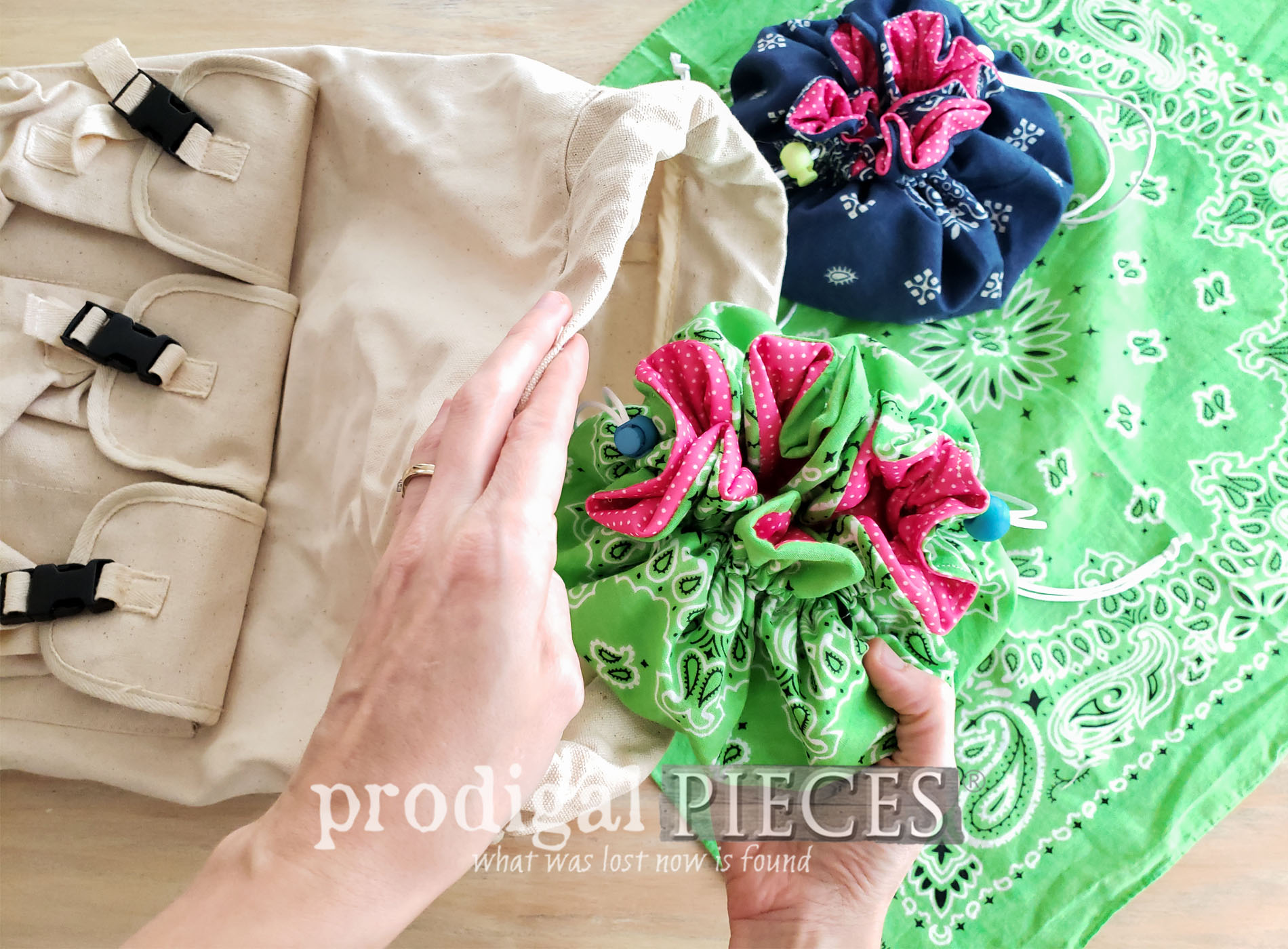 Featured Upcycled Bandana Drawstring Bags with Video Tutorial by Larissa of Prodigal Pieces | prodigalpieces.com #prodigalpieces #diy #refashion #sewing #upcycle #fashion #giftidea