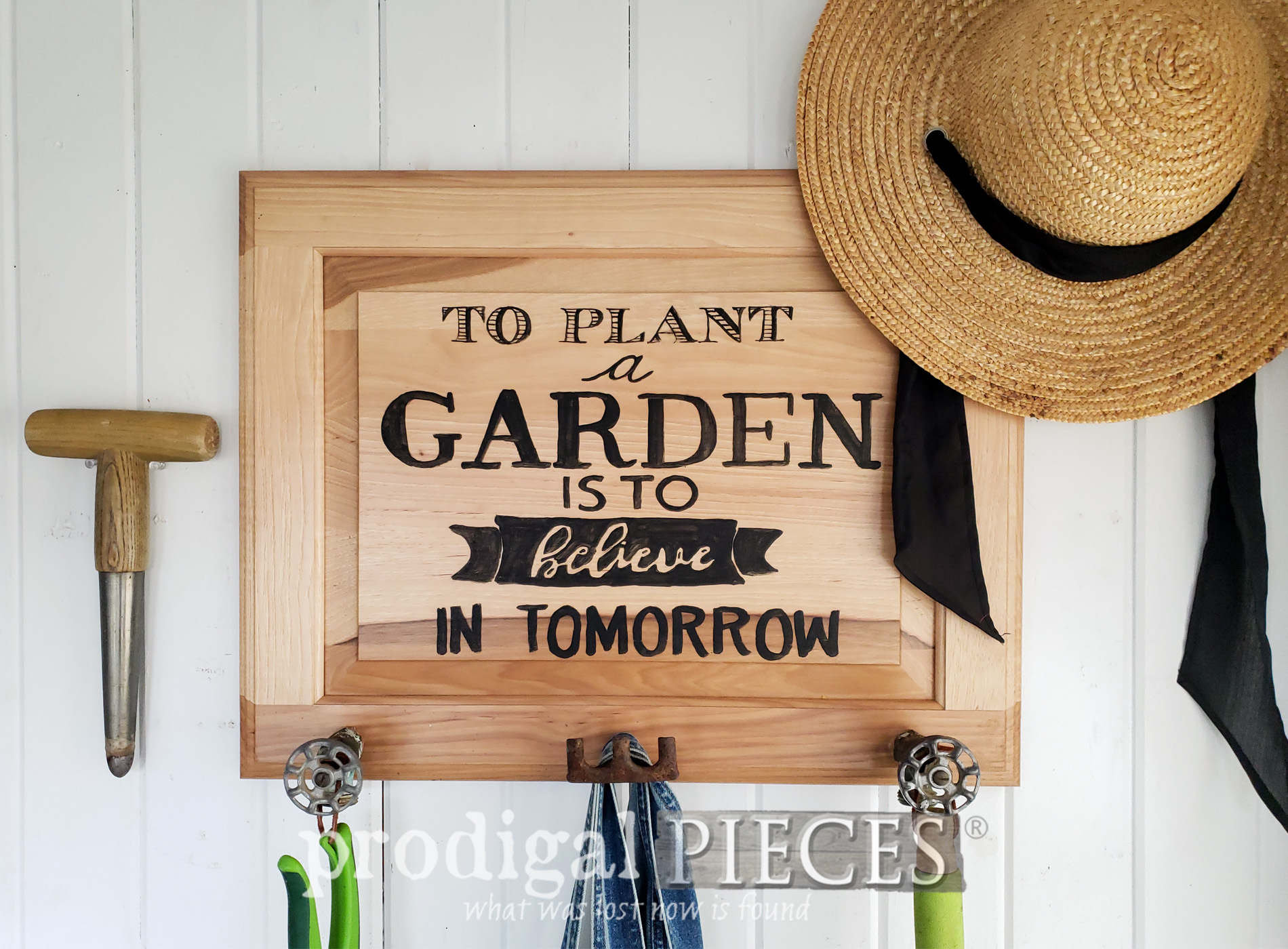 Featured Upcycled Cupboard Door Turned Garden Sign & Coat Rack by Larissa of Prodigal Pieces | prodigalpieces.com #prodigalpieces #garden #spring #farmhouse #diy #home #homedecor
