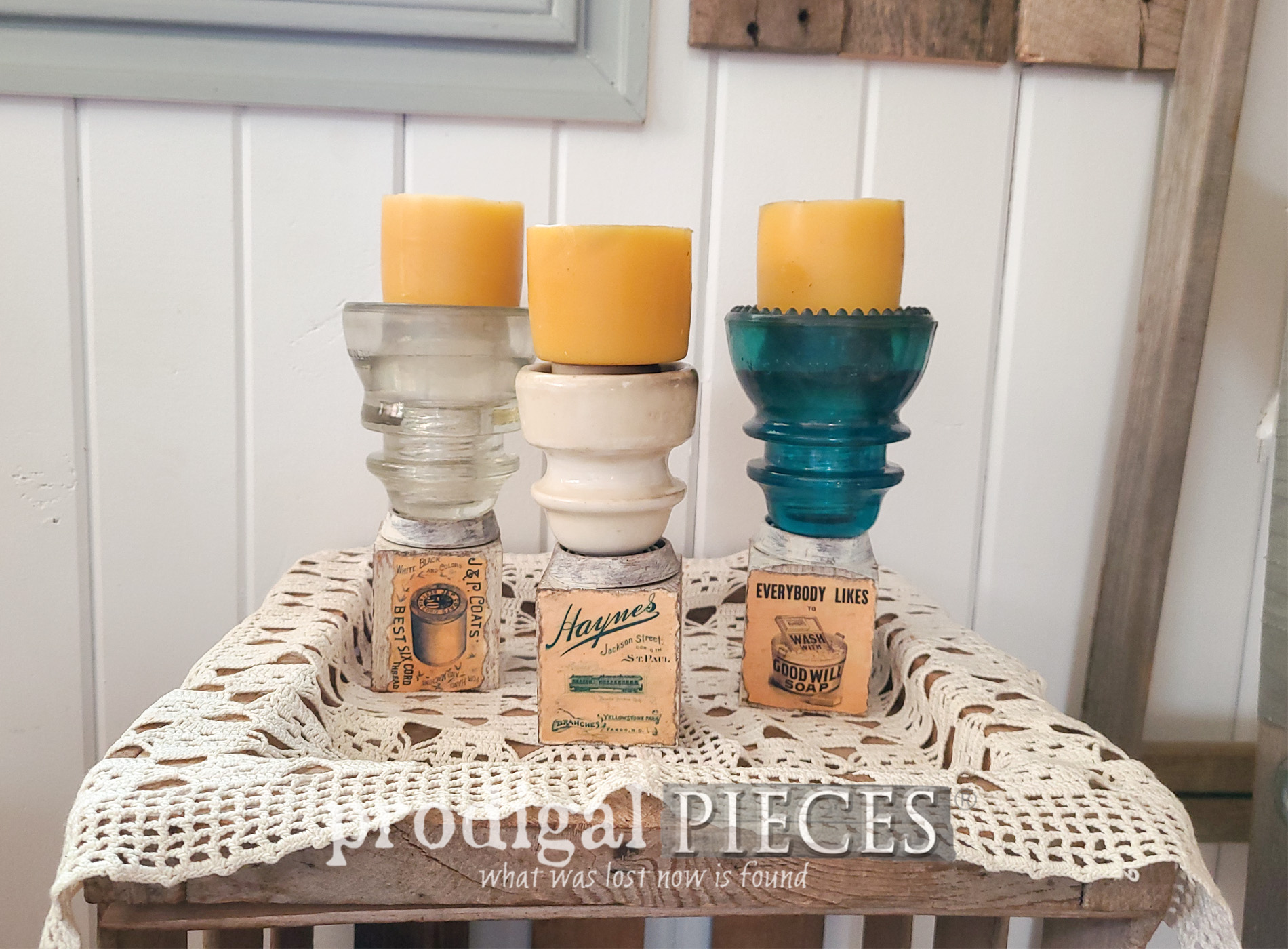Featured Upcycled Antique Insulator Candle Holders by Larissa of Prodigal Pieces | prodigalpieces.com #prodigalpieces #diy #farmhouse #reclaimed #salvage #art #candles