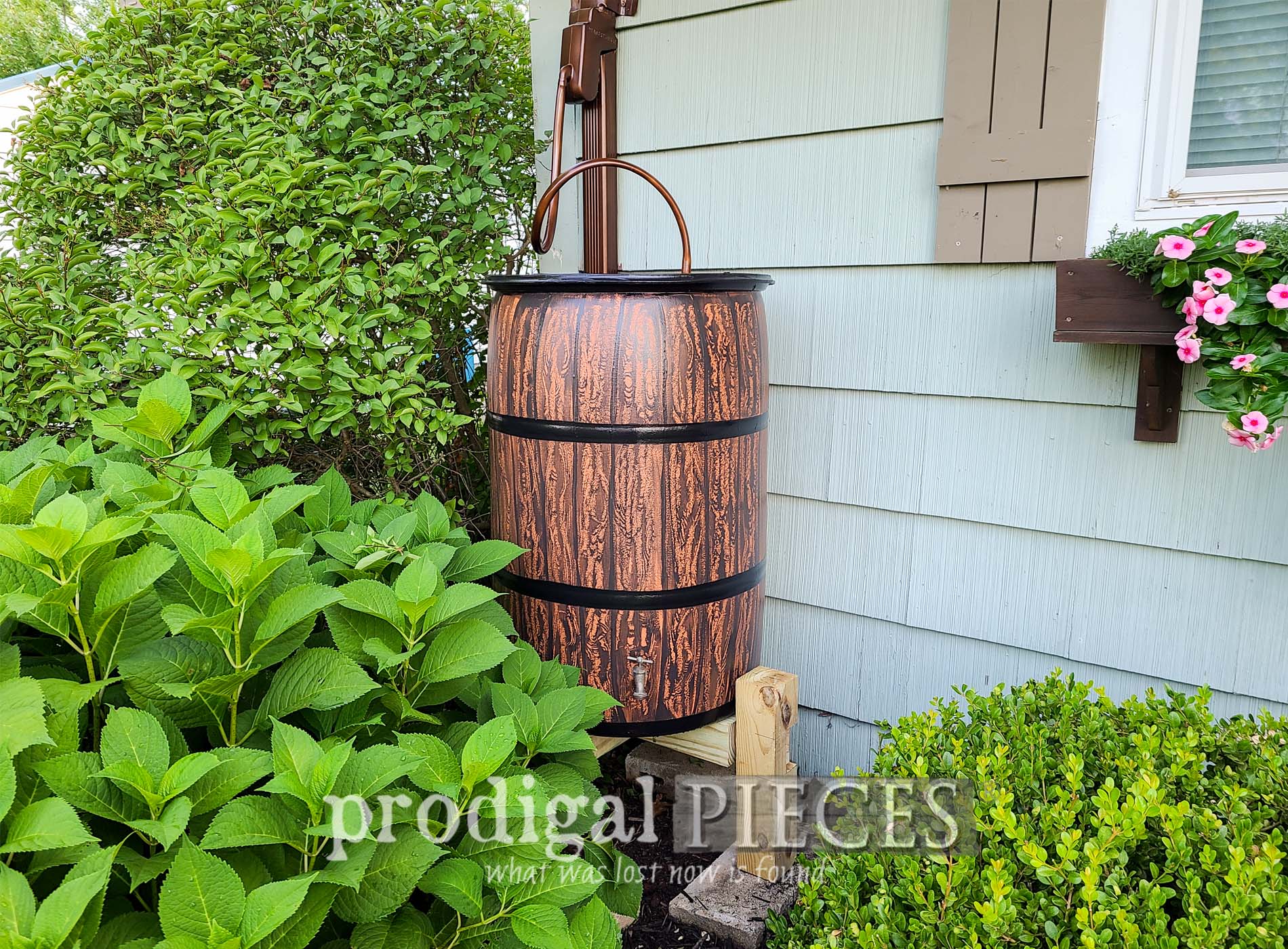 Featured DIY Rain Barrel with Faux Wood Grain by Larissa of Prodigal Pieces | prodigalpieces.com #prodigalpieces #diy #home #garden #homestead #selfsufficient