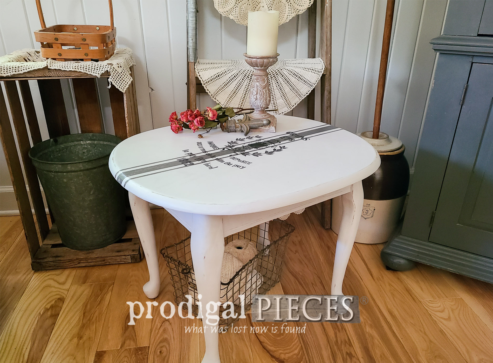 Featured Painted Side Table with Grain Sack Design by Larissa of Prodigal Pieces | prodigalpieces.com #prodigalpieces #furniture #farmhouse #diy #home #homedecor