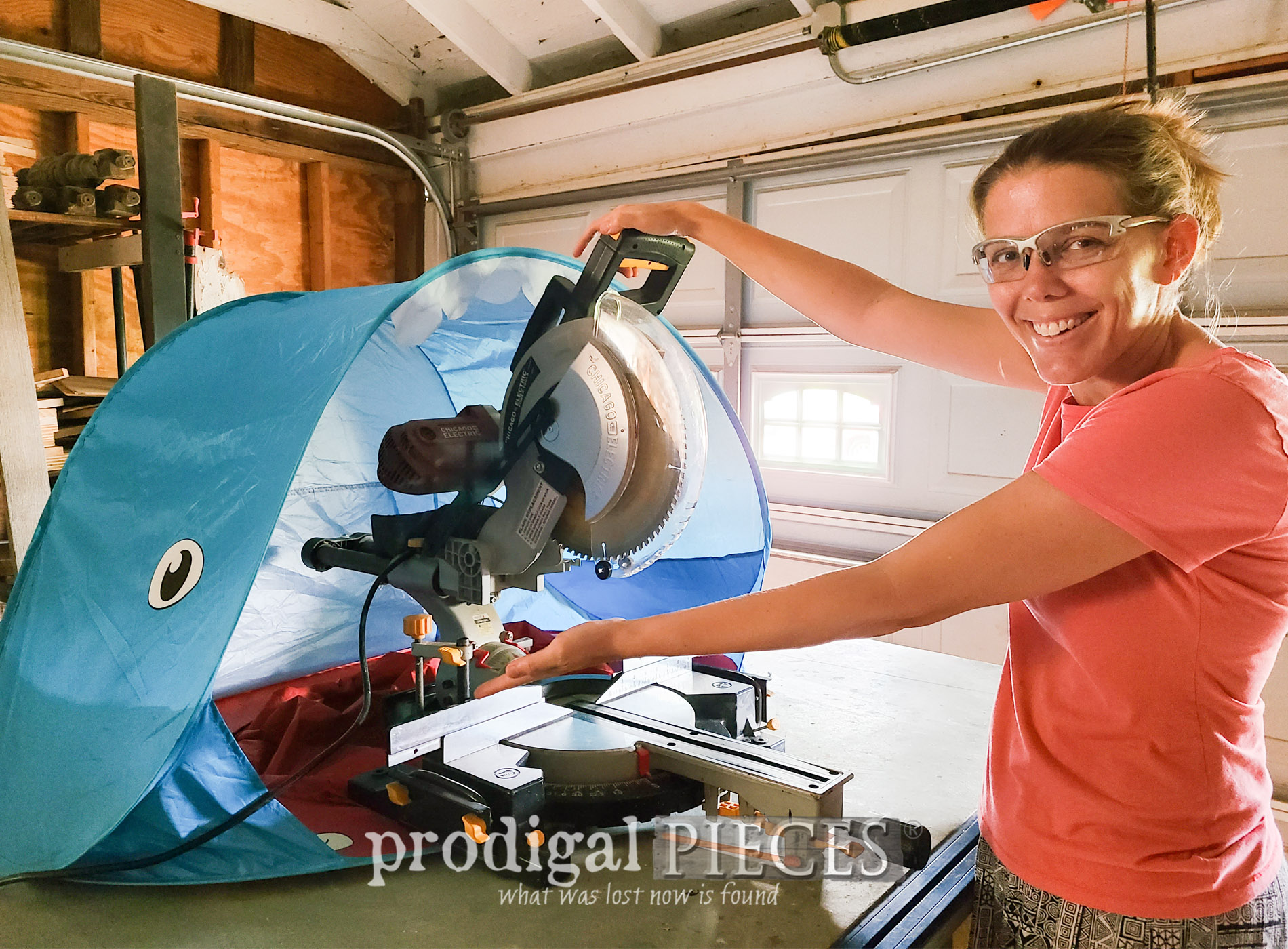 Make your own DIY miter saw hood to collect dust using a baby sun tent | Details at Prodigal Pieces | prodigalpieces.com #prodigalpieces #diy #woodworking #upcycled #tools #toolsoverjewels