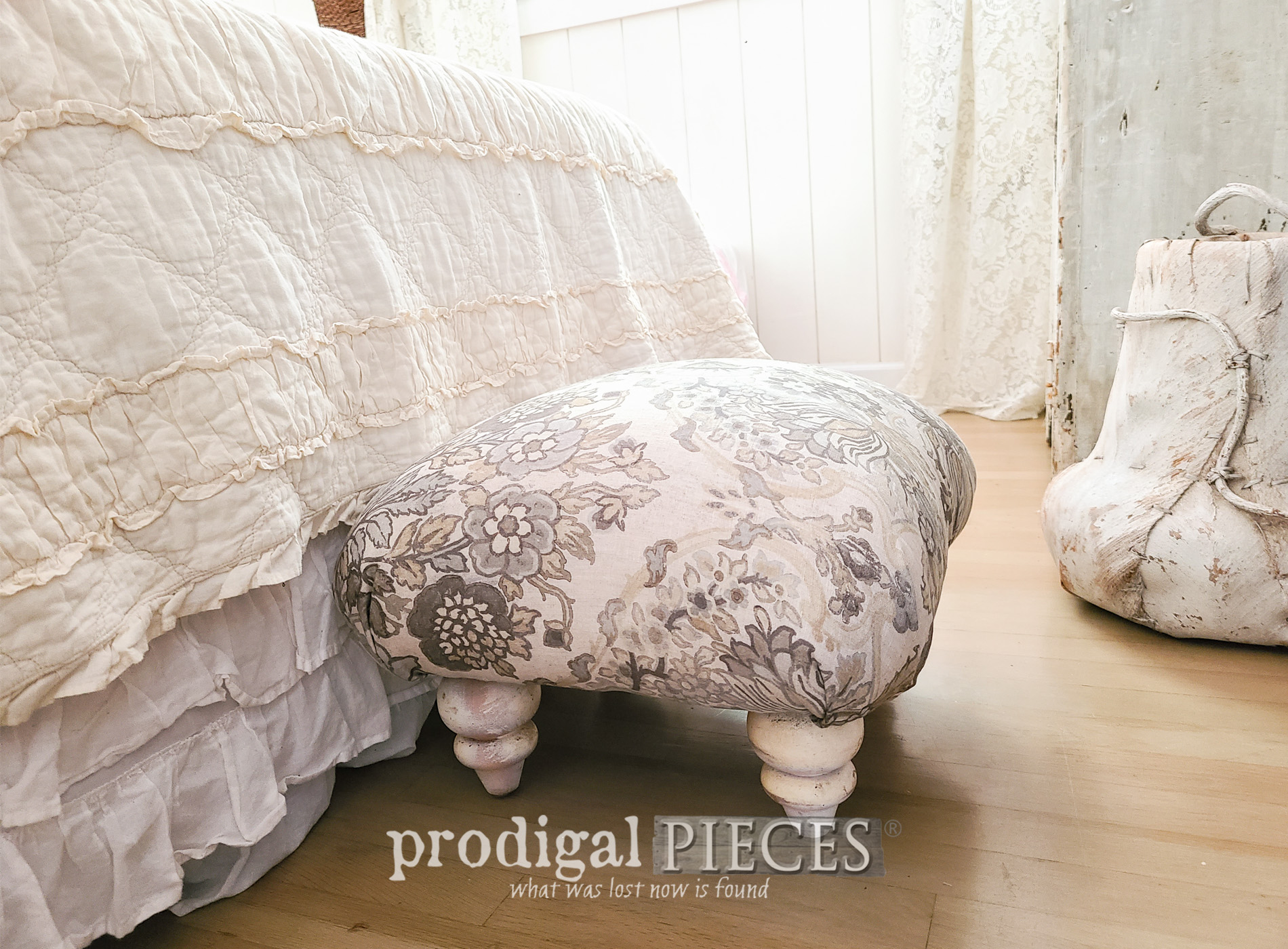 Featured Upcycled Ottoman Handmade with Linen Upholstery by Larissa of Prodigal Pieces | prodigalpieces.com #prodigalpieces #furniture #handmade #diy